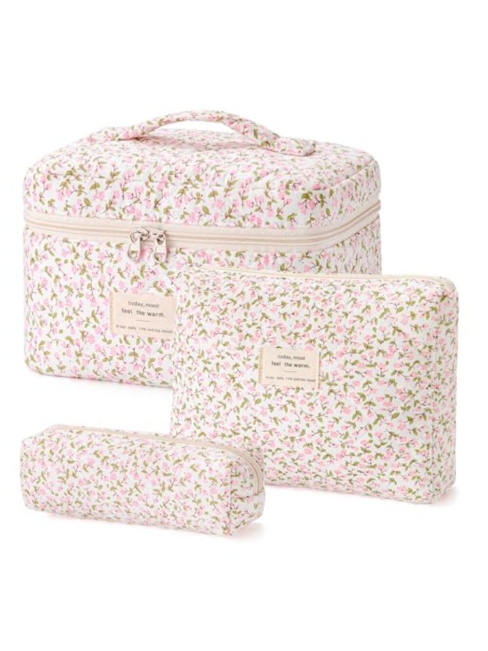 Quilted Cotton Makeup Bag Set 3Pcs Large Travel Cosmetic Organizer